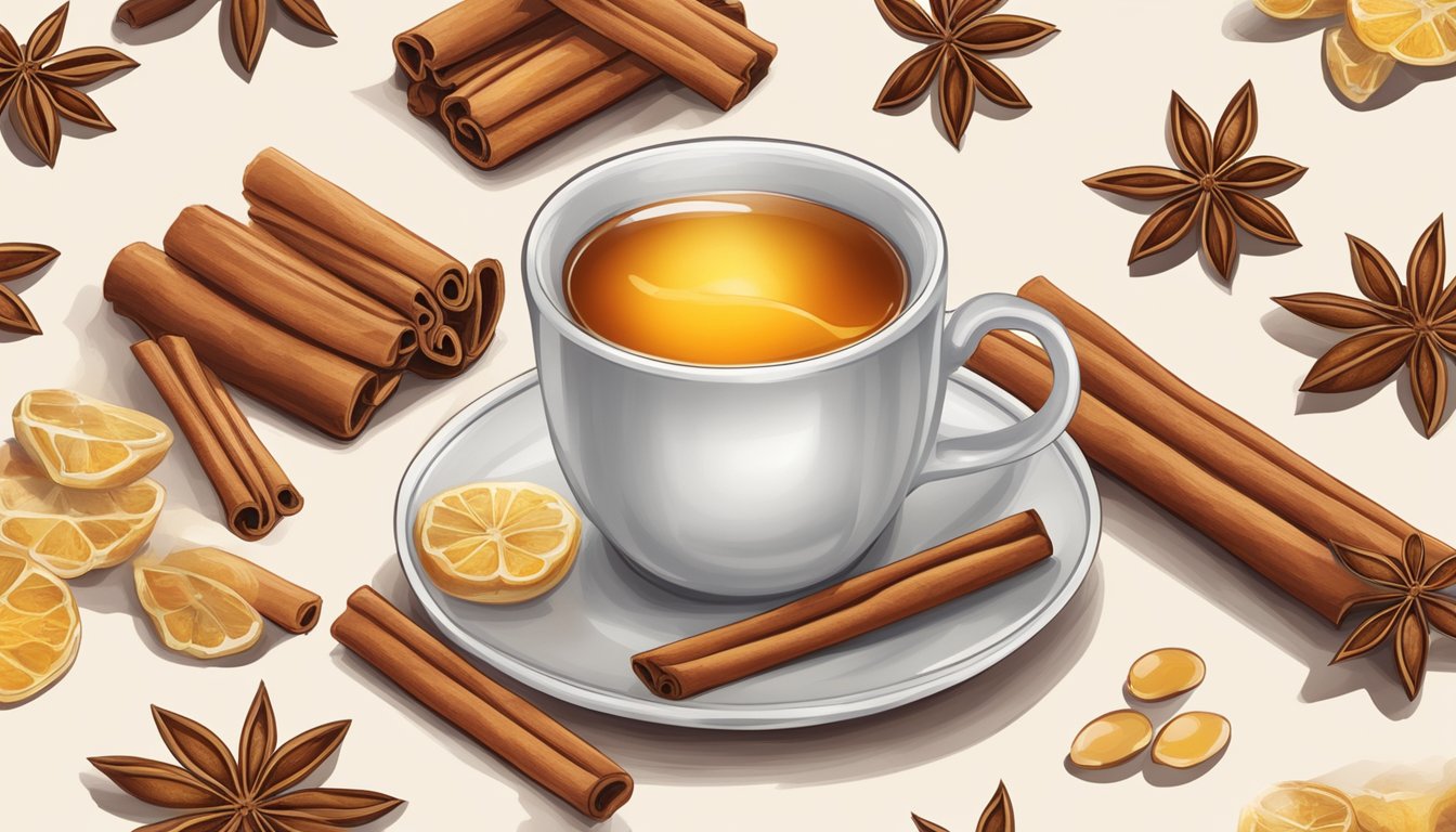 Steaming cup of cinnamon tea surrounded by fresh cinnamon sticks and soothing honey