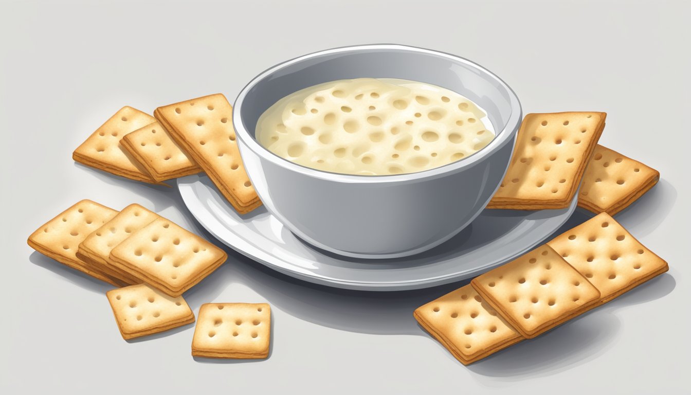 A simple bowl of plain crackers on a clean, white plate, accompanied by a glass of clear, fizzy liquid