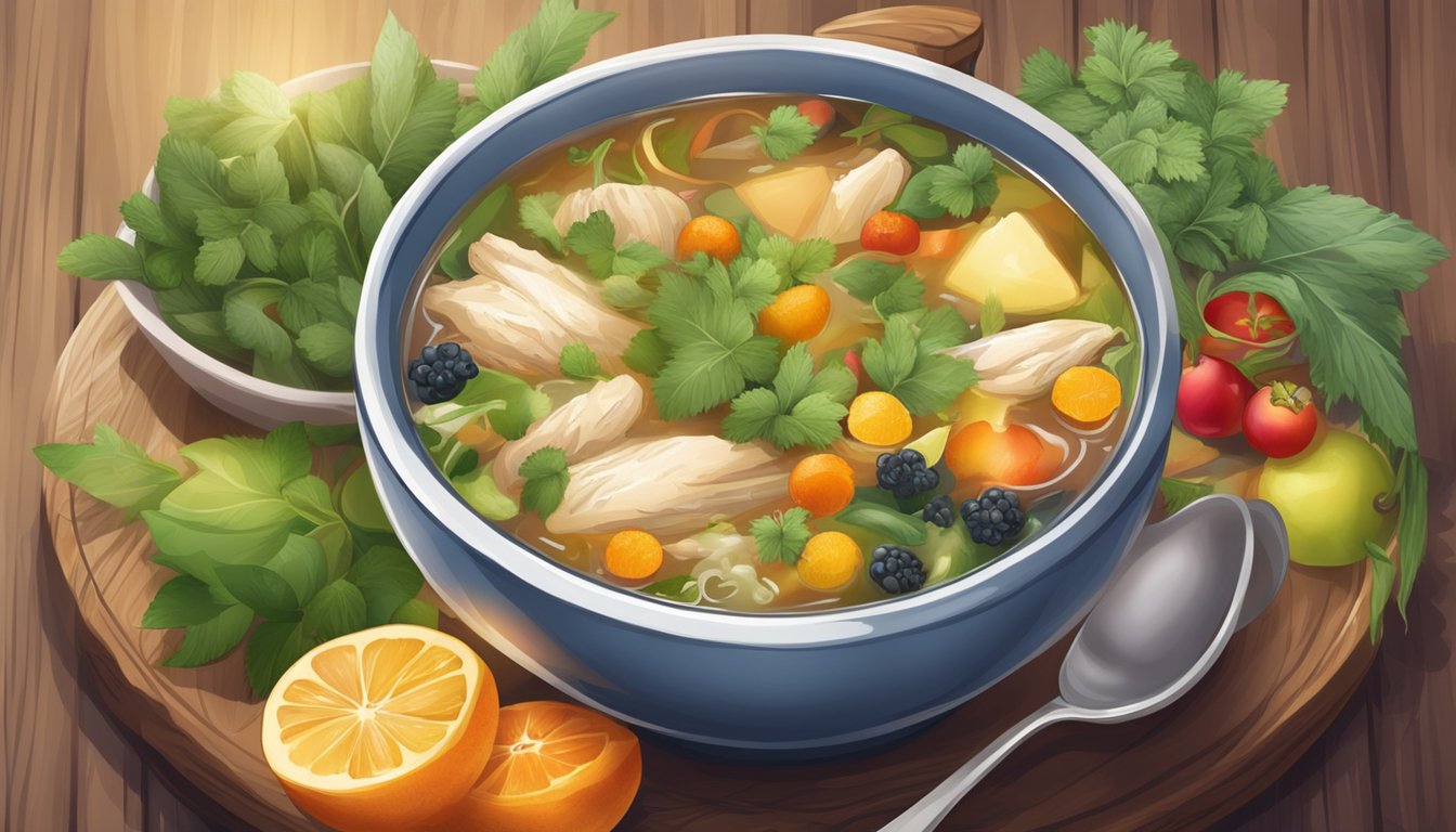 A steaming bowl of chicken soup surrounded by a variety of fruits, vegetables, and herbal teas on a wooden table