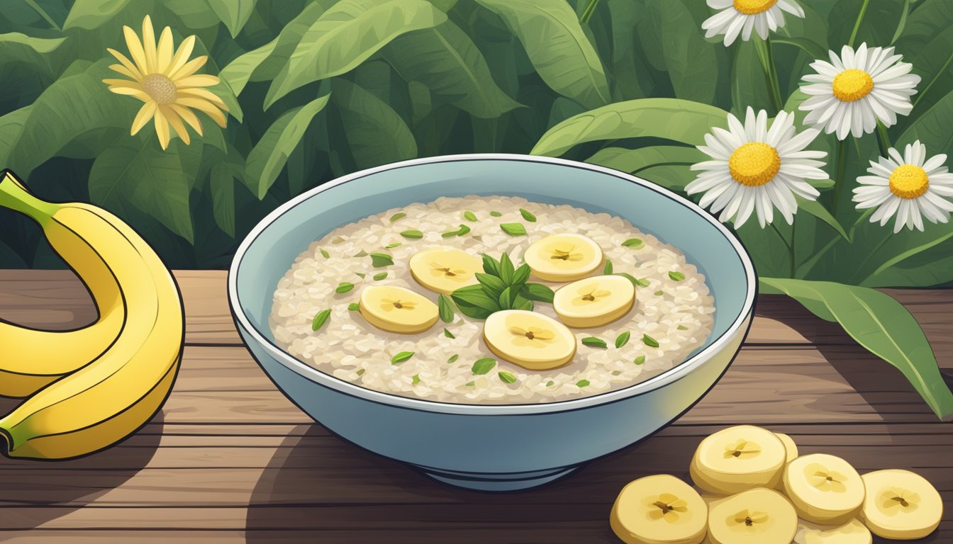 A bowl of oatmeal with bananas and a glass of chamomile tea on a wooden table, surrounded by calming greenery