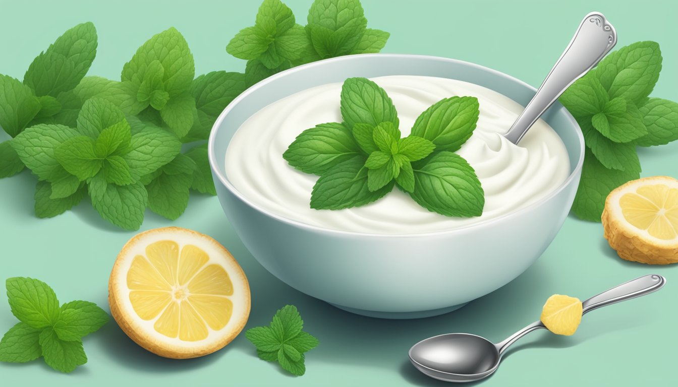 A bowl of yogurt surrounded by mint leaves and ginger, with a spoon resting on the side