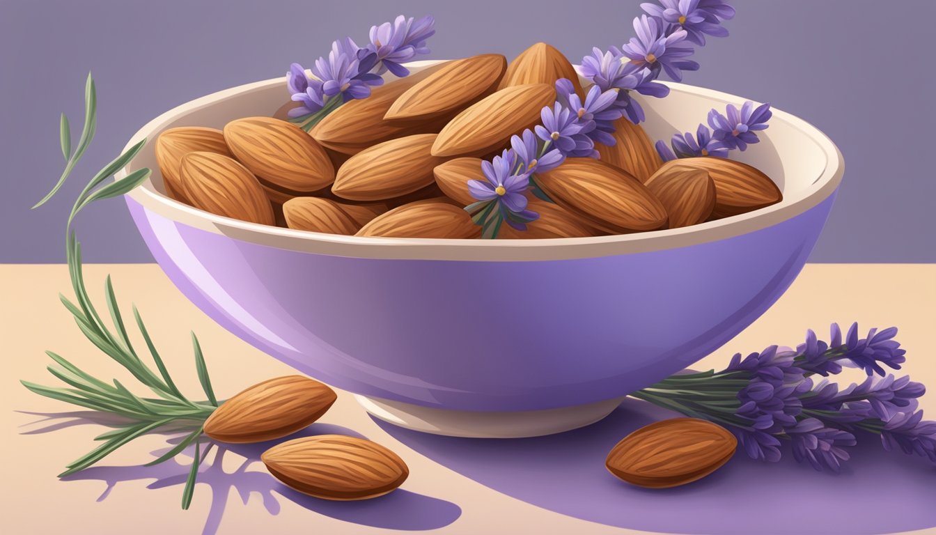 A bowl of almonds surrounded by lavender and chamomile, with a serene and calming atmosphere