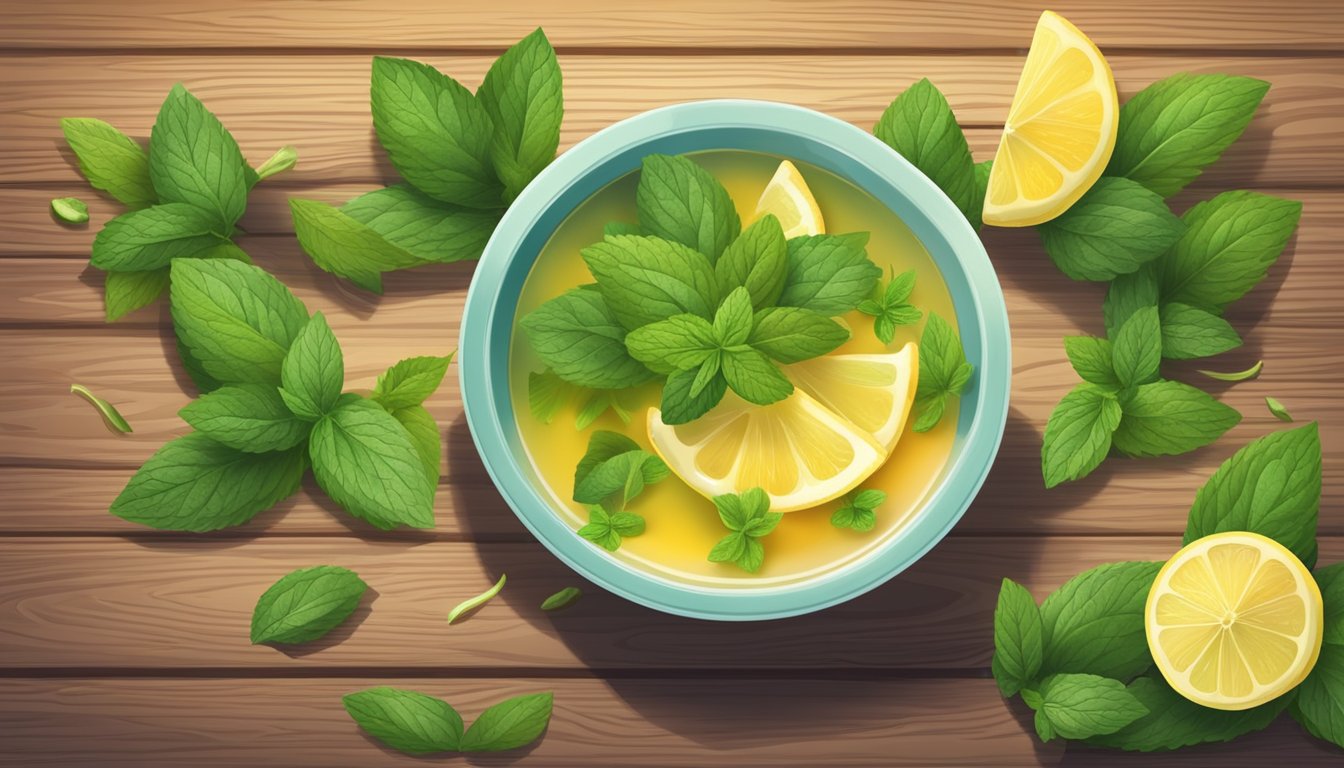 A bowl of steaming ginger soup surrounded by fresh mint leaves and a sliced lemon on a wooden table