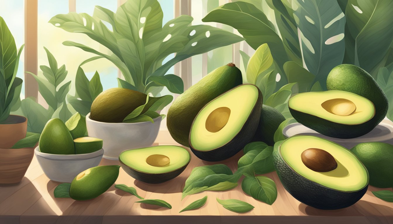 A serene scene with an assortment of avocados surrounded by calming elements such as plants, soft lighting, and soothing colors