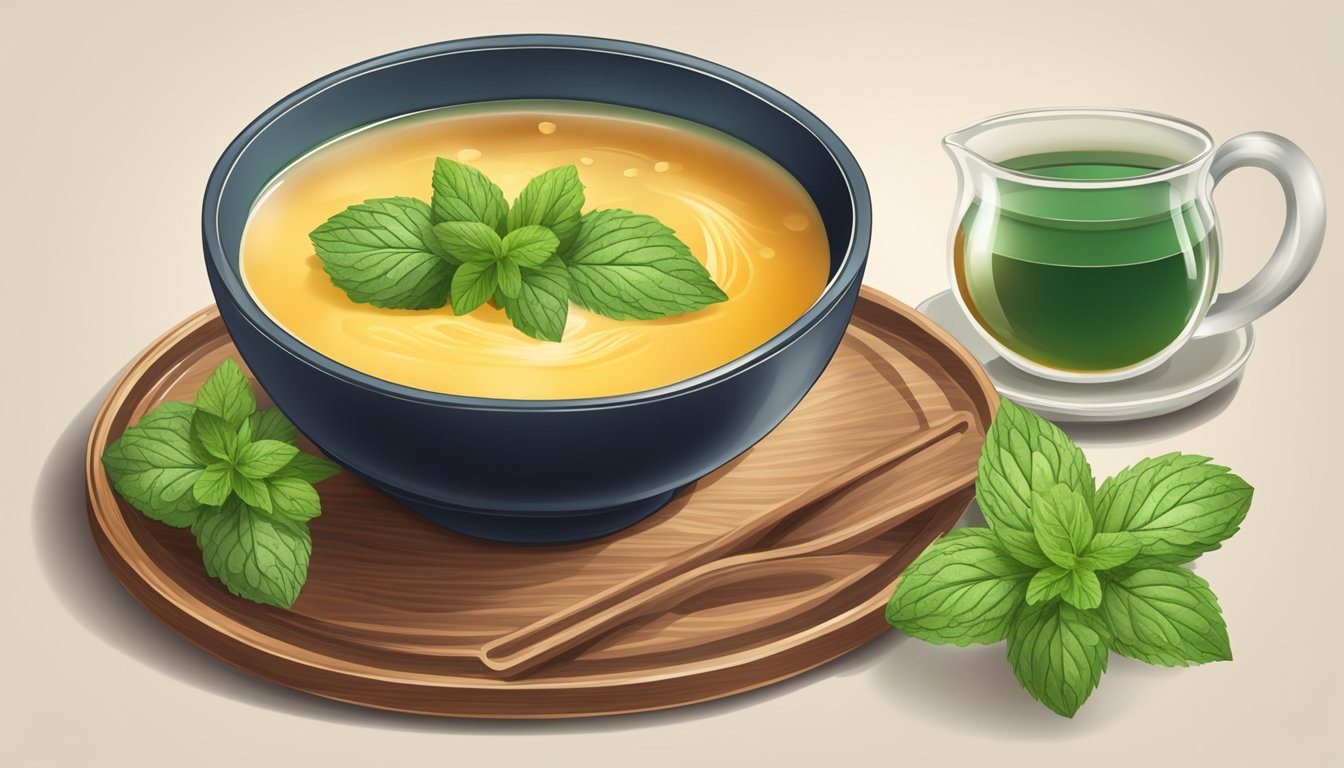 A bowl of steaming ginger soup with a side of peppermint tea on a wooden tray