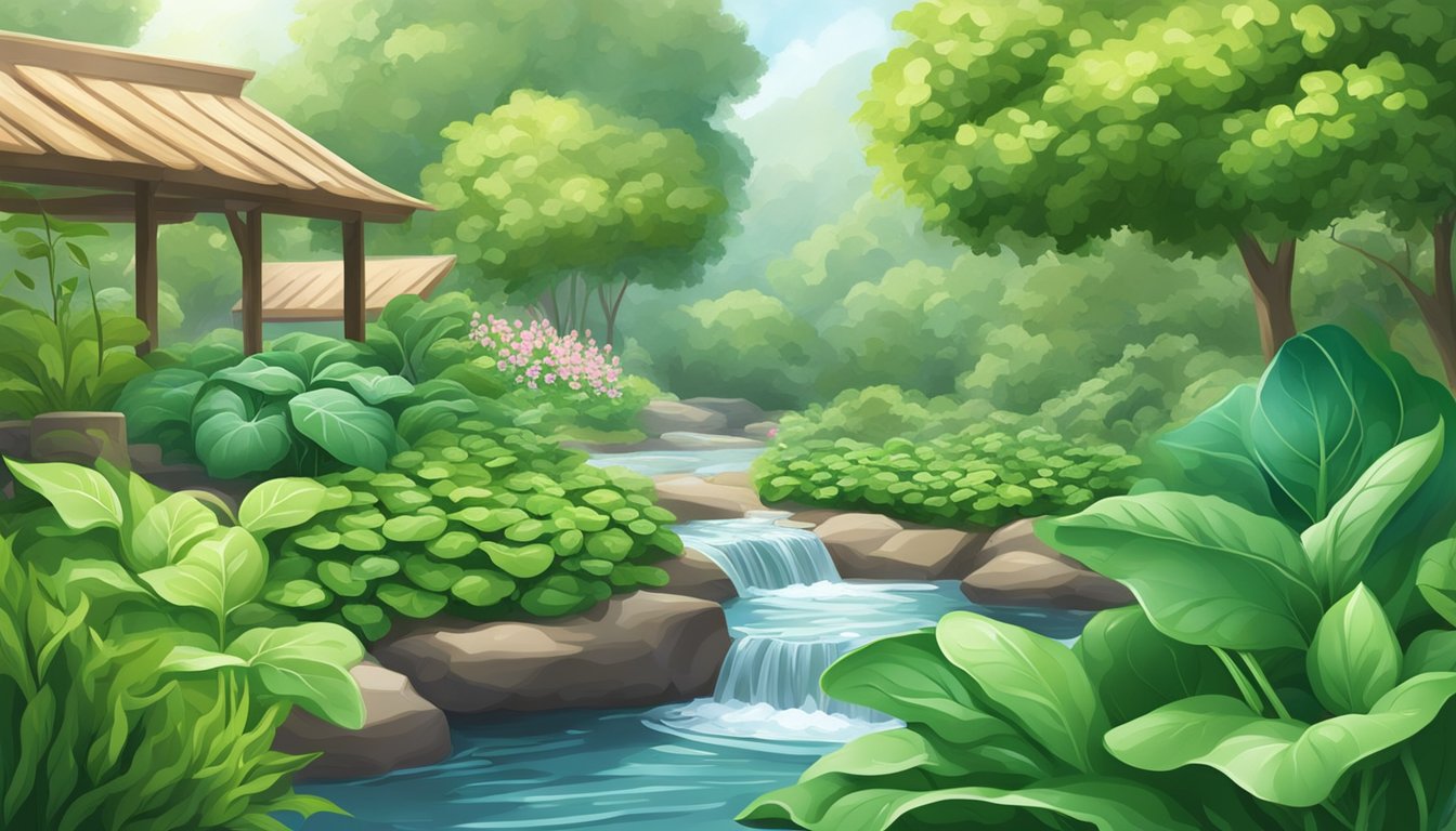 A serene garden with lush green spinach leaves surrounded by calming elements like flowing water and gentle sunlight