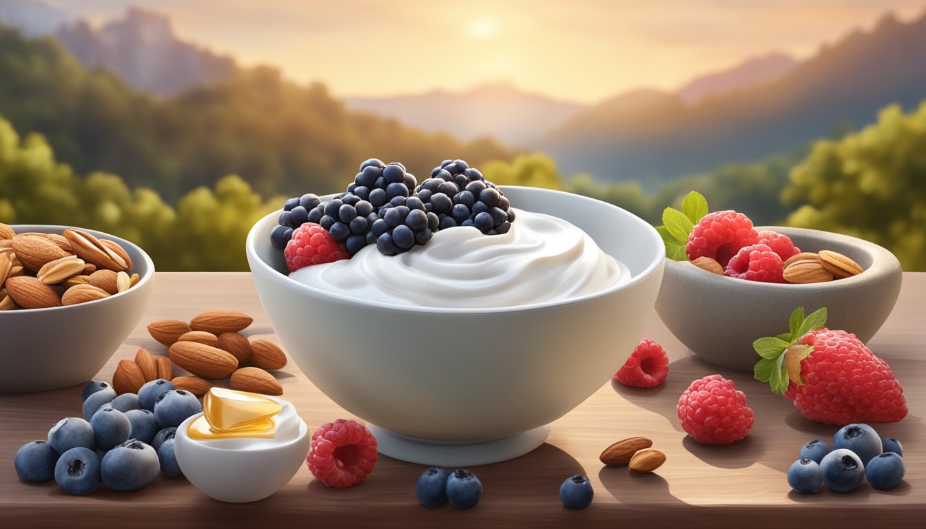 A bowl of Greek yogurt surrounded by calming ingredients like berries, nuts, and honey, set against a serene backdrop of nature