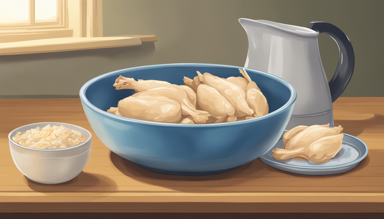 A bowl of plain boiled chicken next to a water dish, with a dog lying down nearby