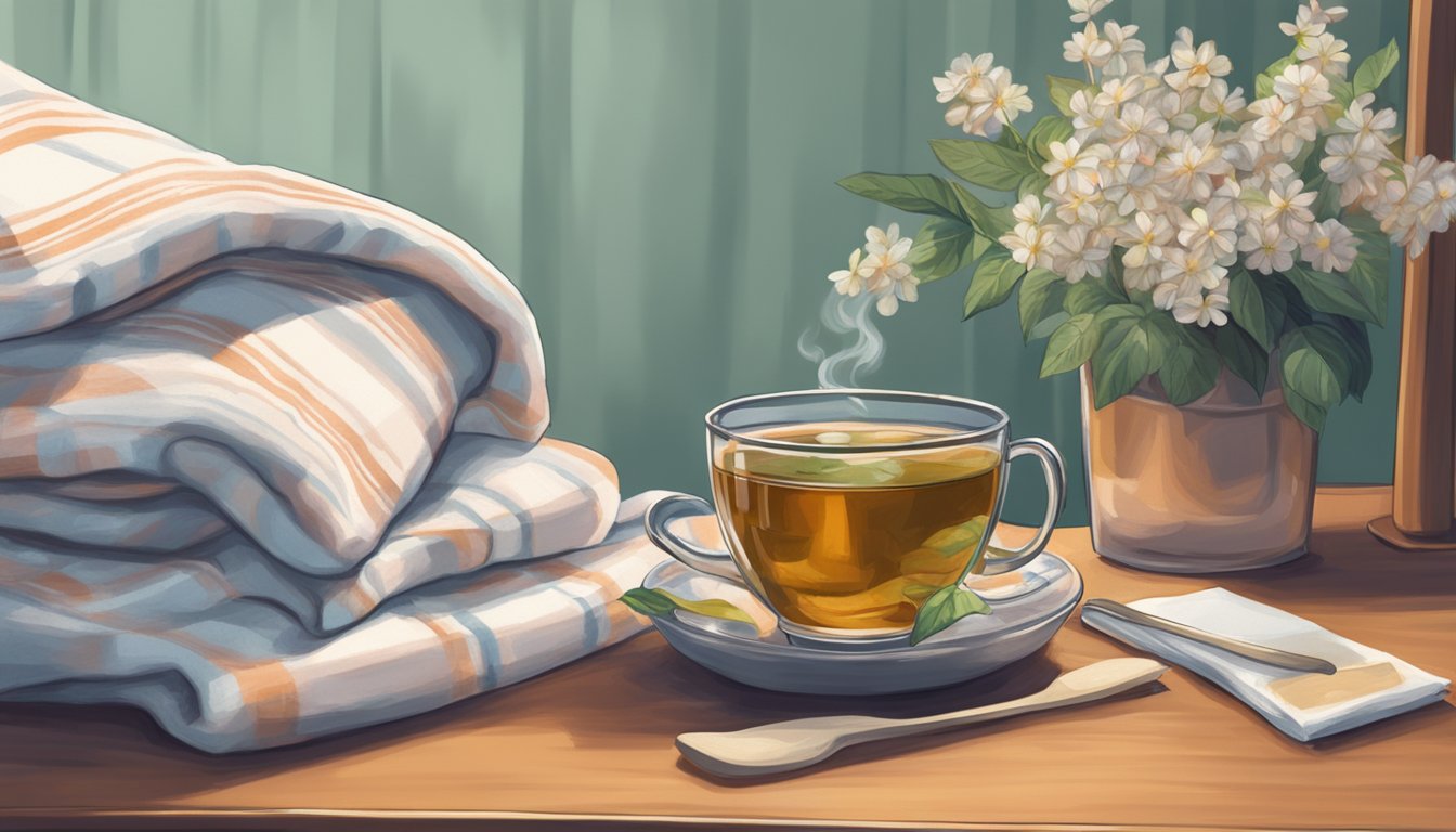 A bowl of peppermint candy and ginger tea on a bedside table with a comforting blanket draped over a chair