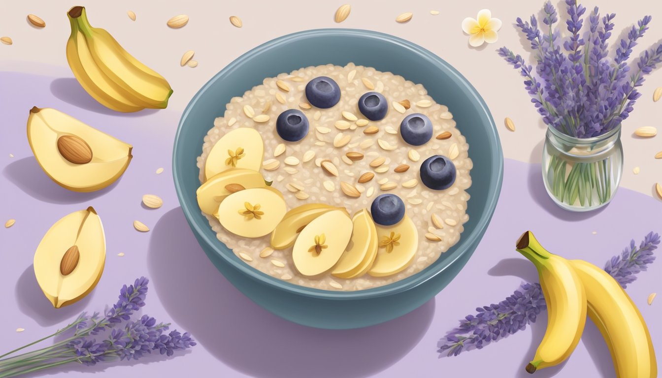 A bowl of oatmeal surrounded by calming ingredients like bananas, almonds, and lavender, with a serene and peaceful atmosphere