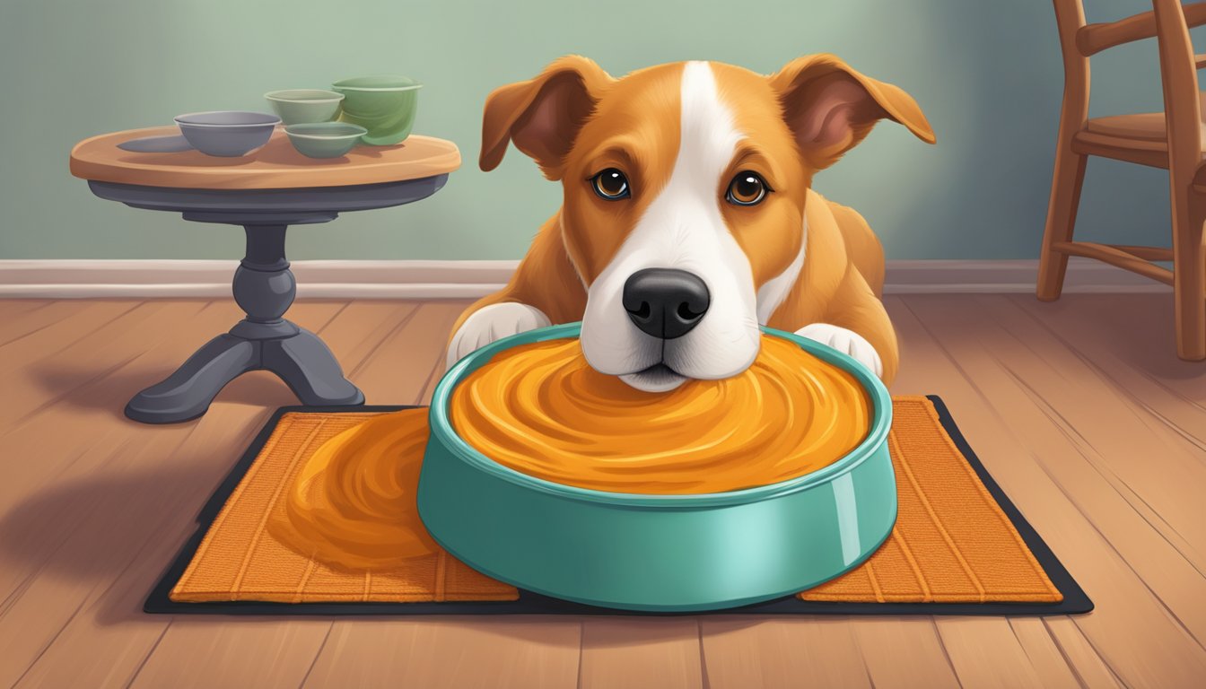 A bowl of pumpkin puree placed on a dog's food mat, with a dog eagerly lapping it up