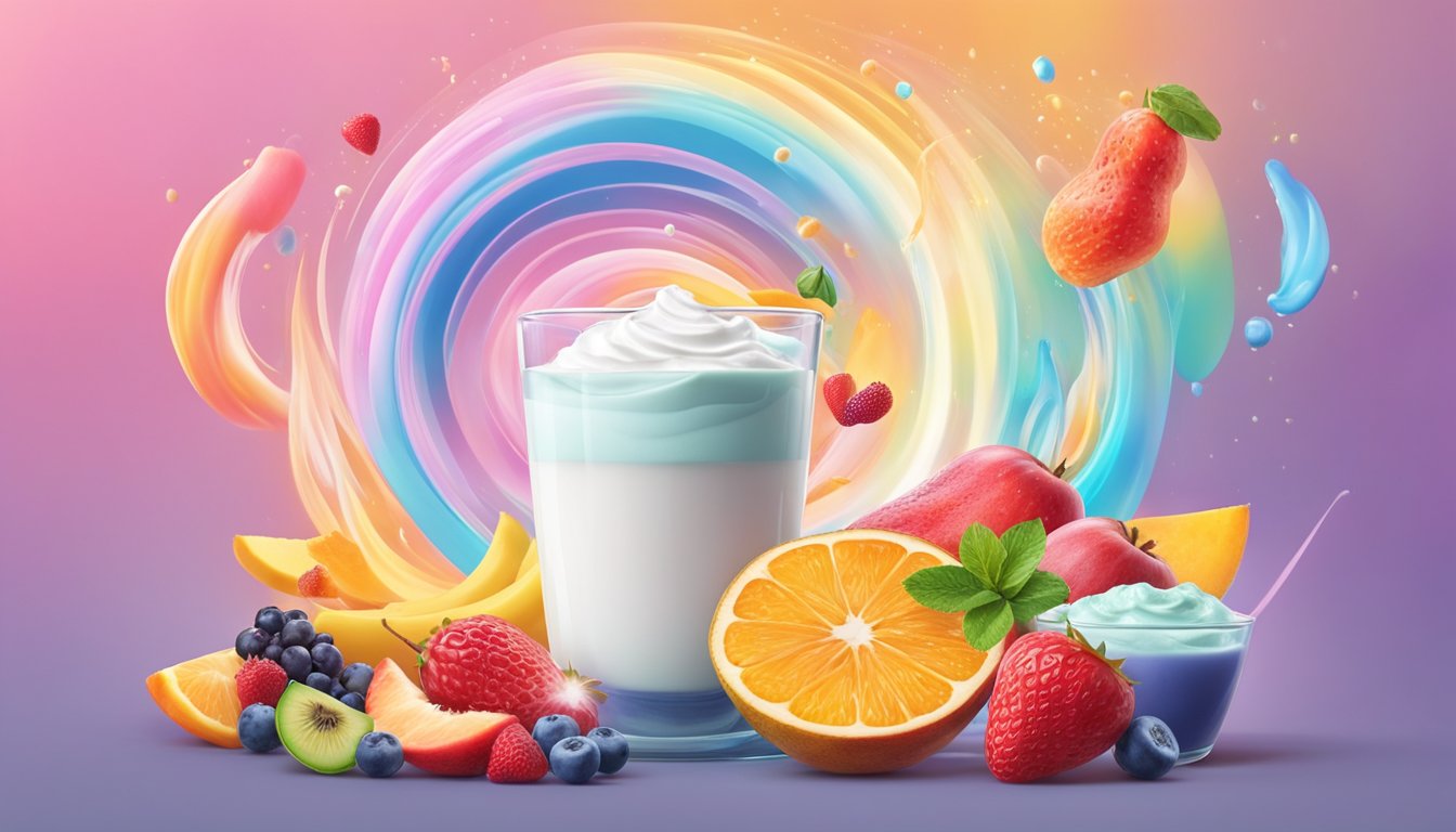 A colorful array of fruits, yogurt, and protein powder blend together in a swirling vortex, emitting a soothing aura