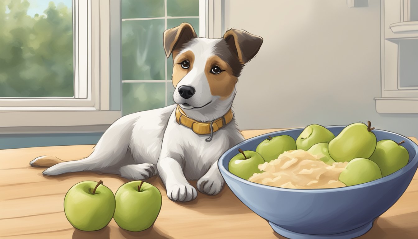 A dog lapping up a bowl of unsweetened applesauce, with a comforting and peaceful expression, surrounded by a few scattered apple slices