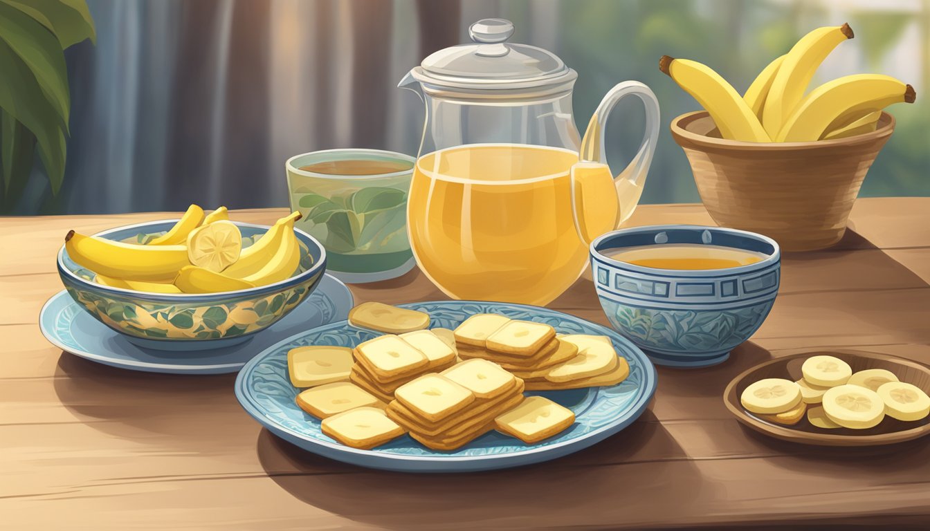 A table with a plate of crackers, a bowl of ginger tea, and a bunch of bananas, all surrounded by a calming, cozy atmosphere