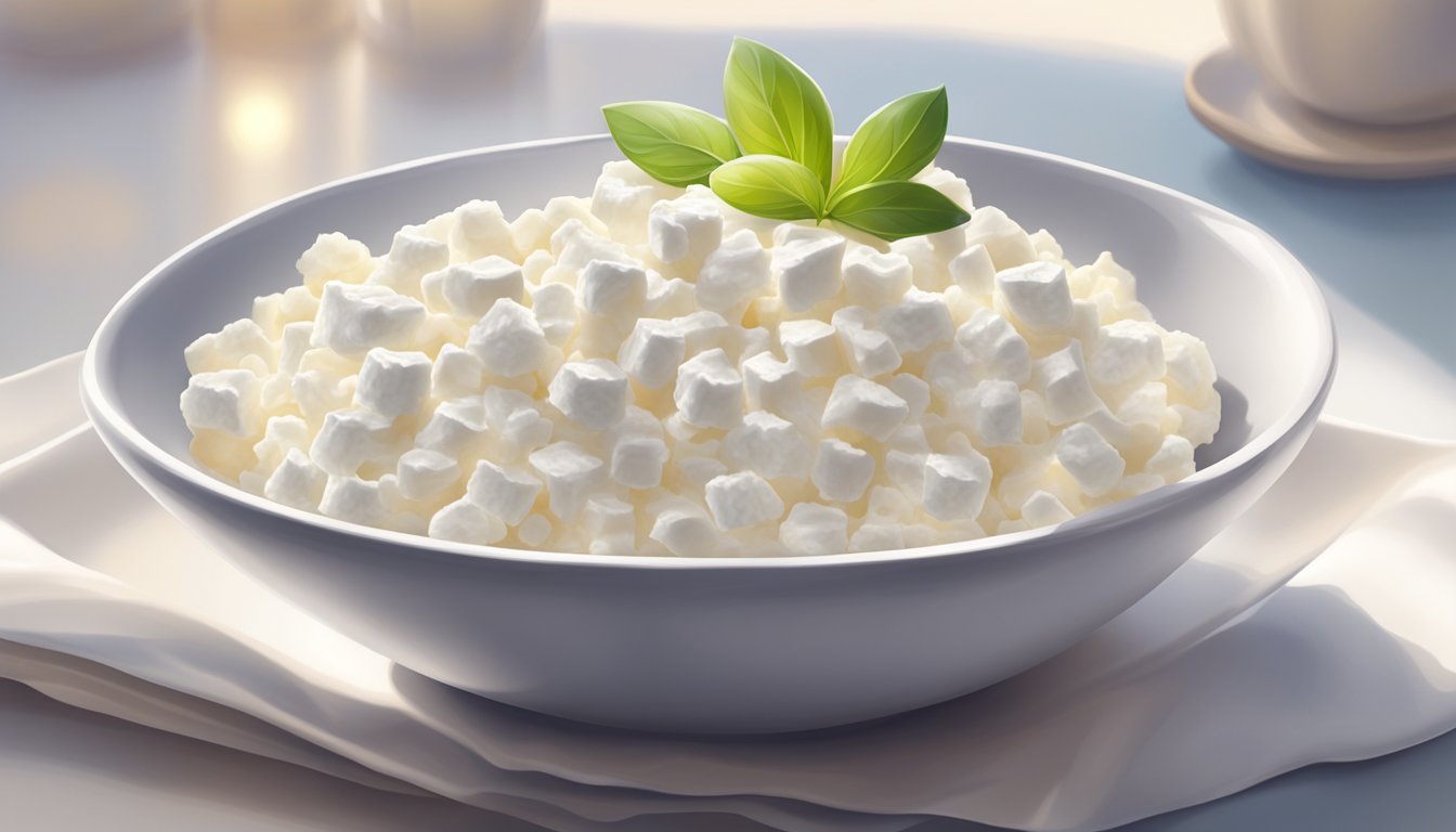 A bowl of cottage cheese placed on a clean, white plate, with a soft, comforting background, and a gentle, inviting light shining upon it