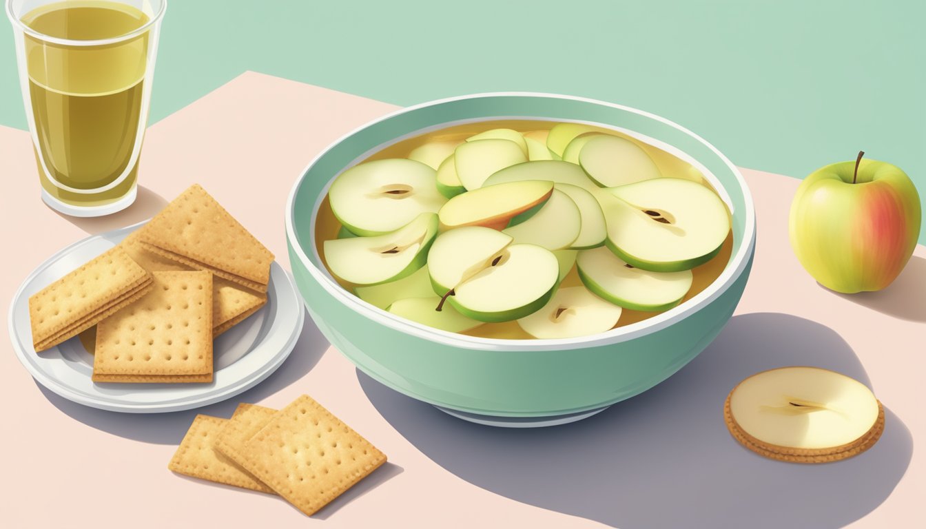 A bowl of apple slices surrounded by ginger tea and crackers on a calming, pastel-colored table