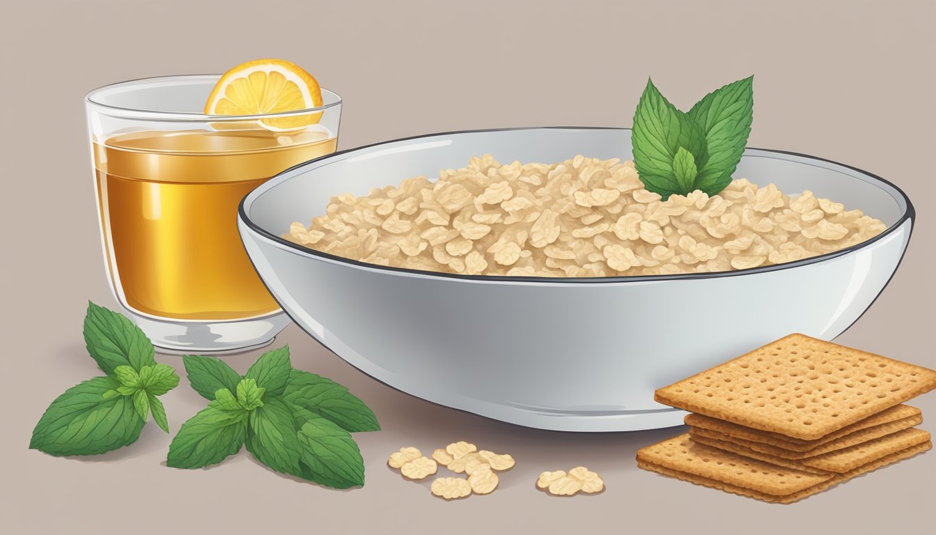 A bowl of oatmeal surrounded by ginger, crackers, and peppermint tea on a table