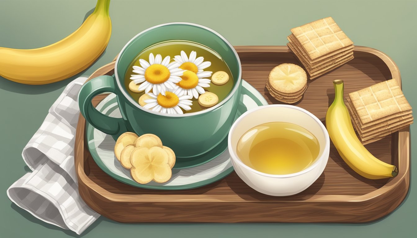 A steaming cup of chamomile tea surrounded by ginger, crackers, and bananas on a wooden tray