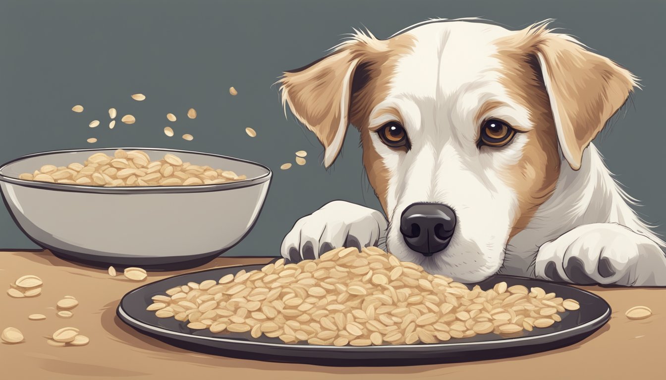 A dog peacefully eating oatmeal from a bowl on a soft bed, with a gentle expression on its face