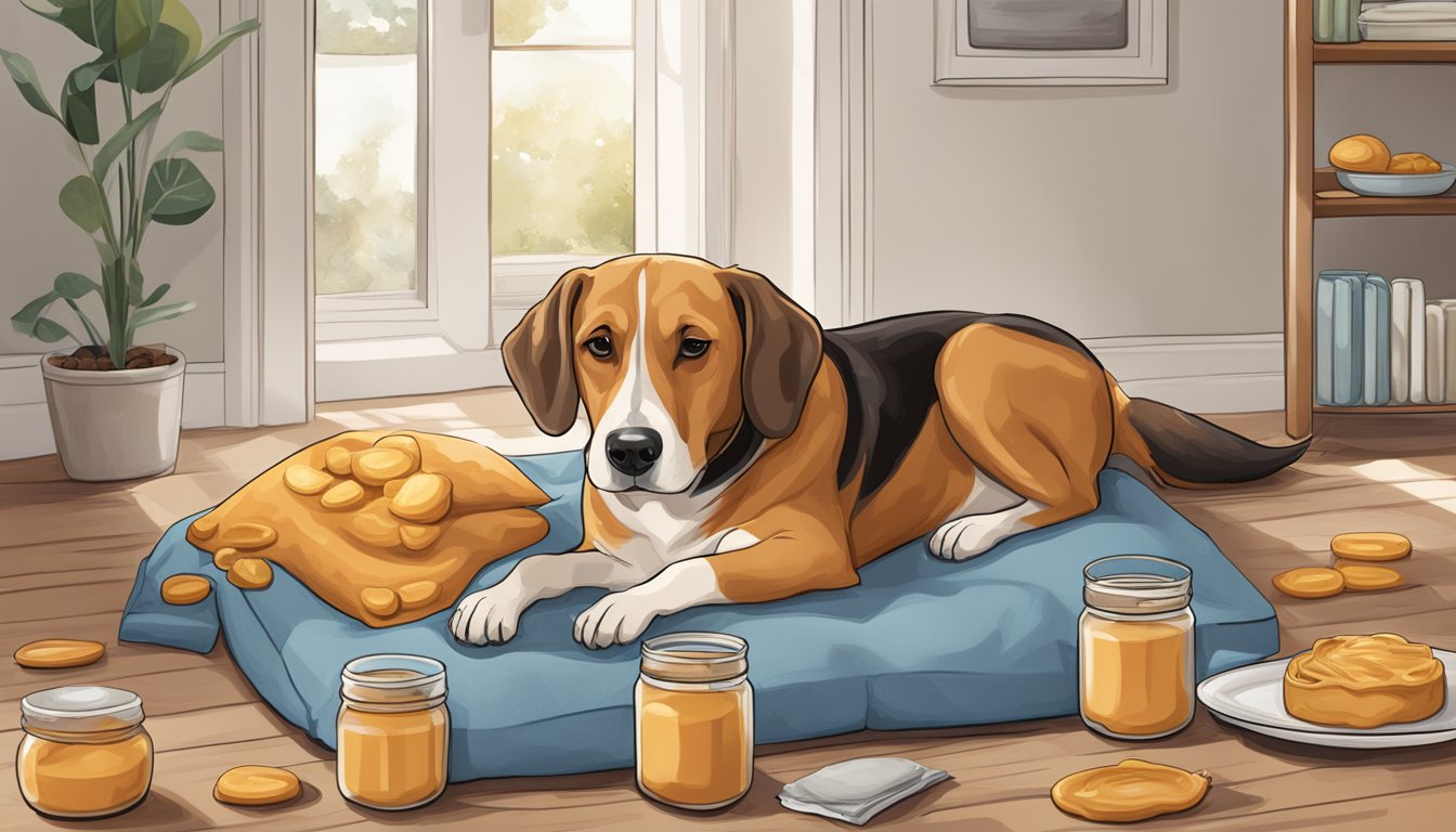 A dog lying on a cozy bed, surrounded by jars of peanut butter and a bowl of water