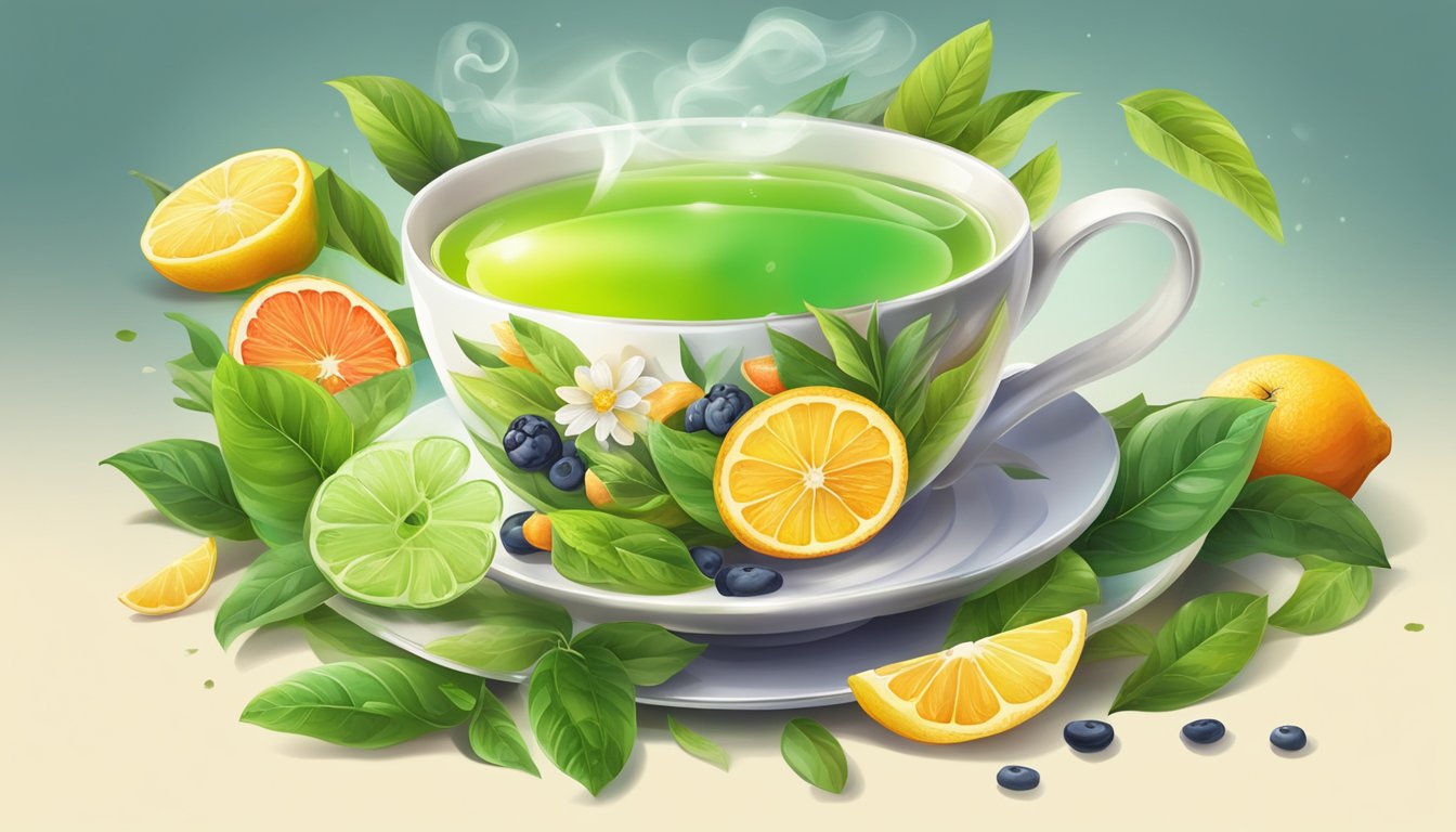 A steaming cup of green tea surrounded by vibrant, fresh tea leaves and colorful fruits, exuding a sense of energy and vitality