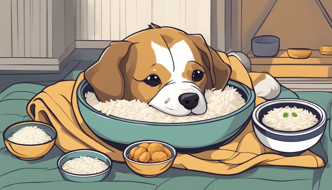 A dog lying on a cozy blanket, with a bowl of rice and boiled chicken in front of it, surrounded by a few calming toys