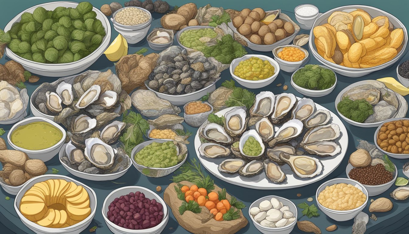 A table covered with oysters, surrounded by various nutrient-rich foods and supplements, all labeled as "sperm-boosting superfoods"