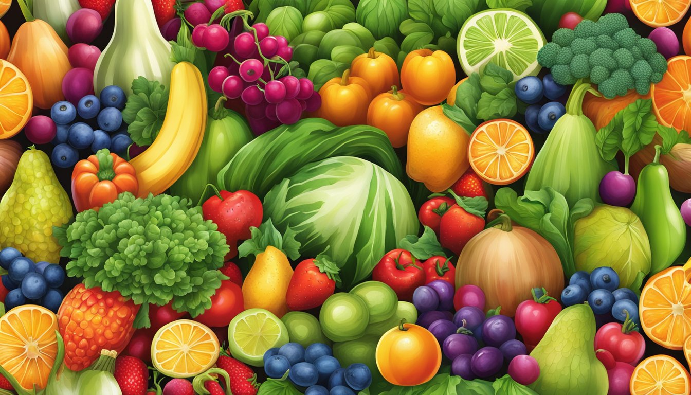 A vibrant array of colorful fruits and vegetables arranged in a bountiful display, radiating energy and vitality