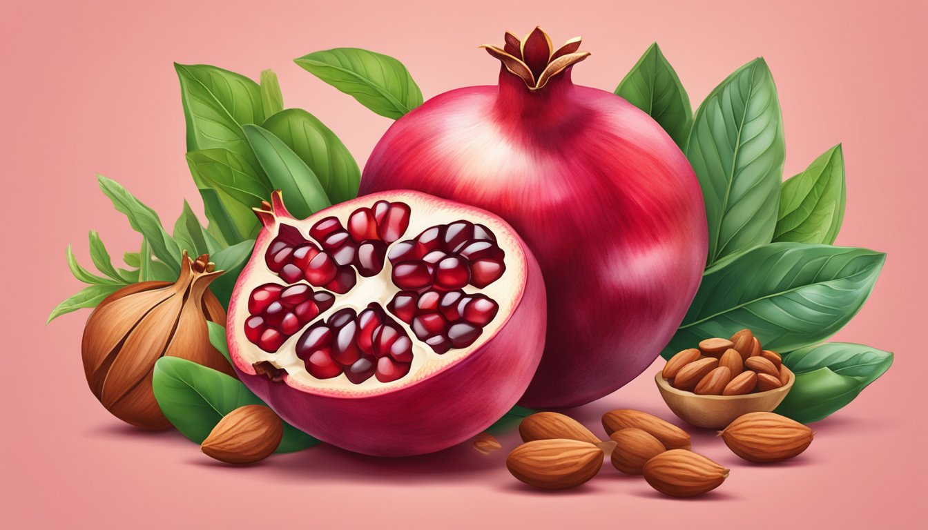 A vibrant pomegranate split open, revealing juicy red seeds bursting with nutrients, surrounded by other nutrient-rich foods like nuts and leafy greens