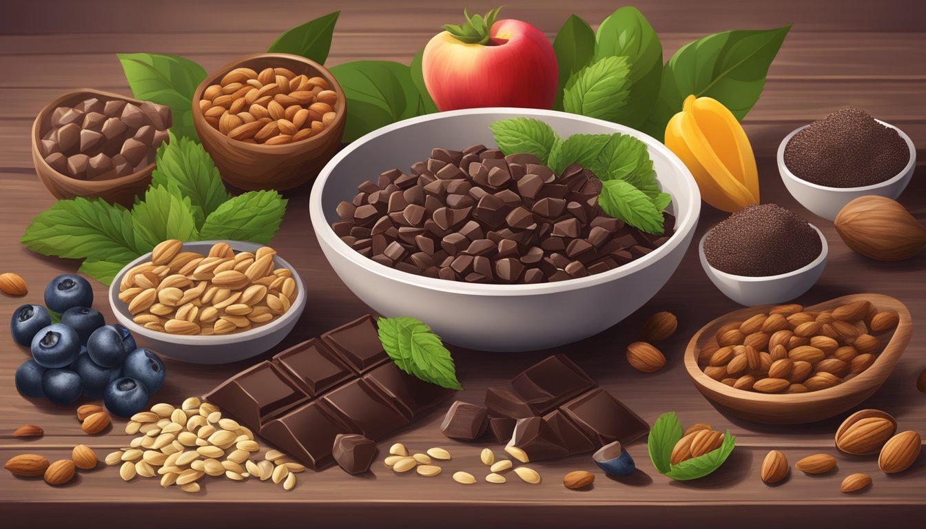 A bowl of nutrient-rich dark chocolate superfoods arranged on a wooden table, with ingredients like nuts, seeds, and berries scattered around