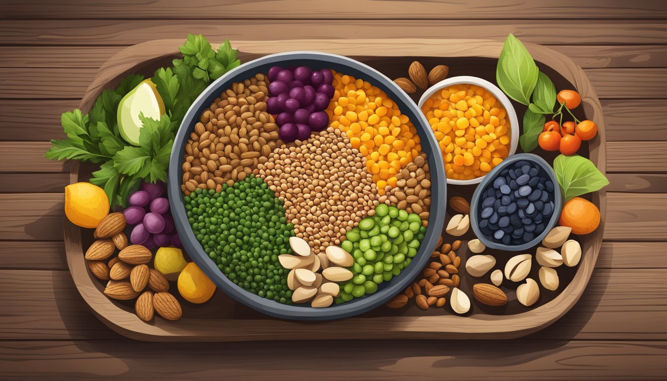 A bowl of lentils surrounded by various superfoods like nuts and fruits, all arranged on a wooden table