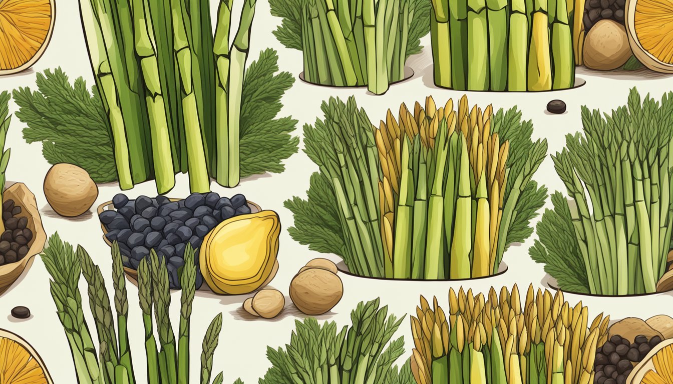 A variety of asparagus spears arranged in a colorful and appetizing display, surrounded by other nutrient-rich superfoods