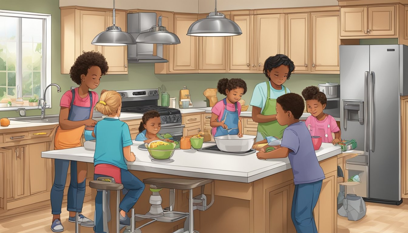 A group of children gather around a kitchen countertop, learning how to safely use kitchen appliances. An adult demonstrates proper food safety and hygiene practices