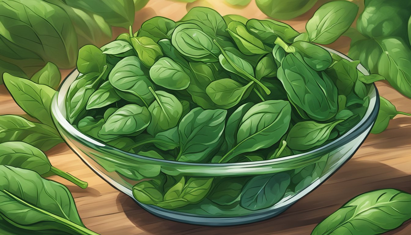 A vibrant pile of spinach surrounded by various nutrient-rich superfoods, all radiating a healthy glow