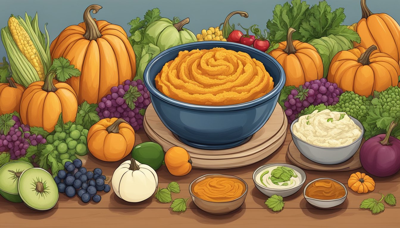 A bowl of pumpkin mash surrounded by colorful fruits and vegetables on a high chair tray