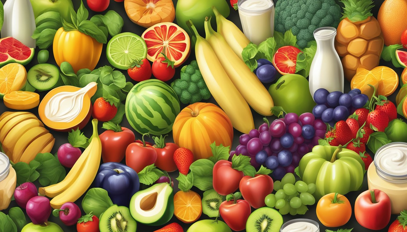 A colorful array of fruits, vegetables, and dairy products arranged in a vibrant and enticing display, with rays of light illuminating the nutritious foods