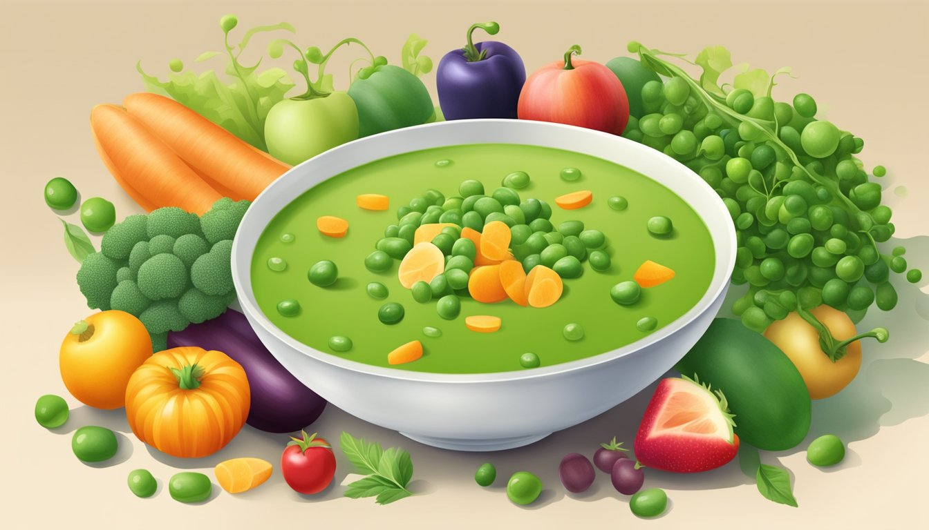 A bowl of pea soup surrounded by colorful fruits and vegetables