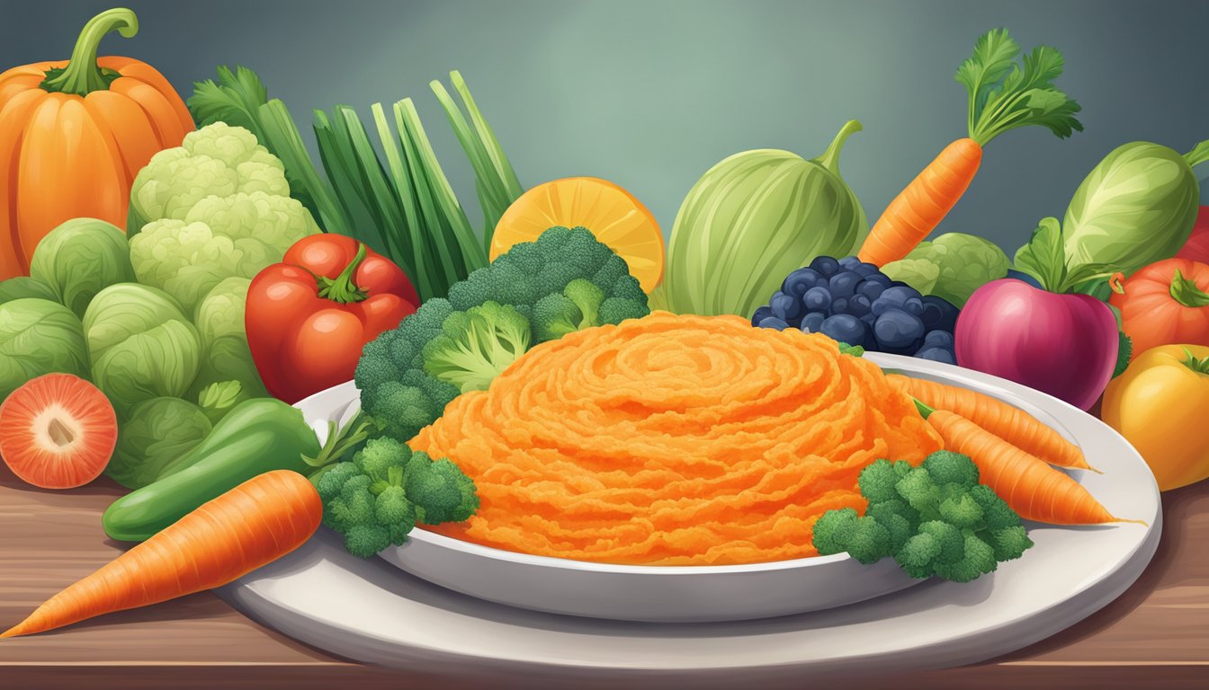 A bowl of carrot mash surrounded by colorful fruits and vegetables on a high chair tray