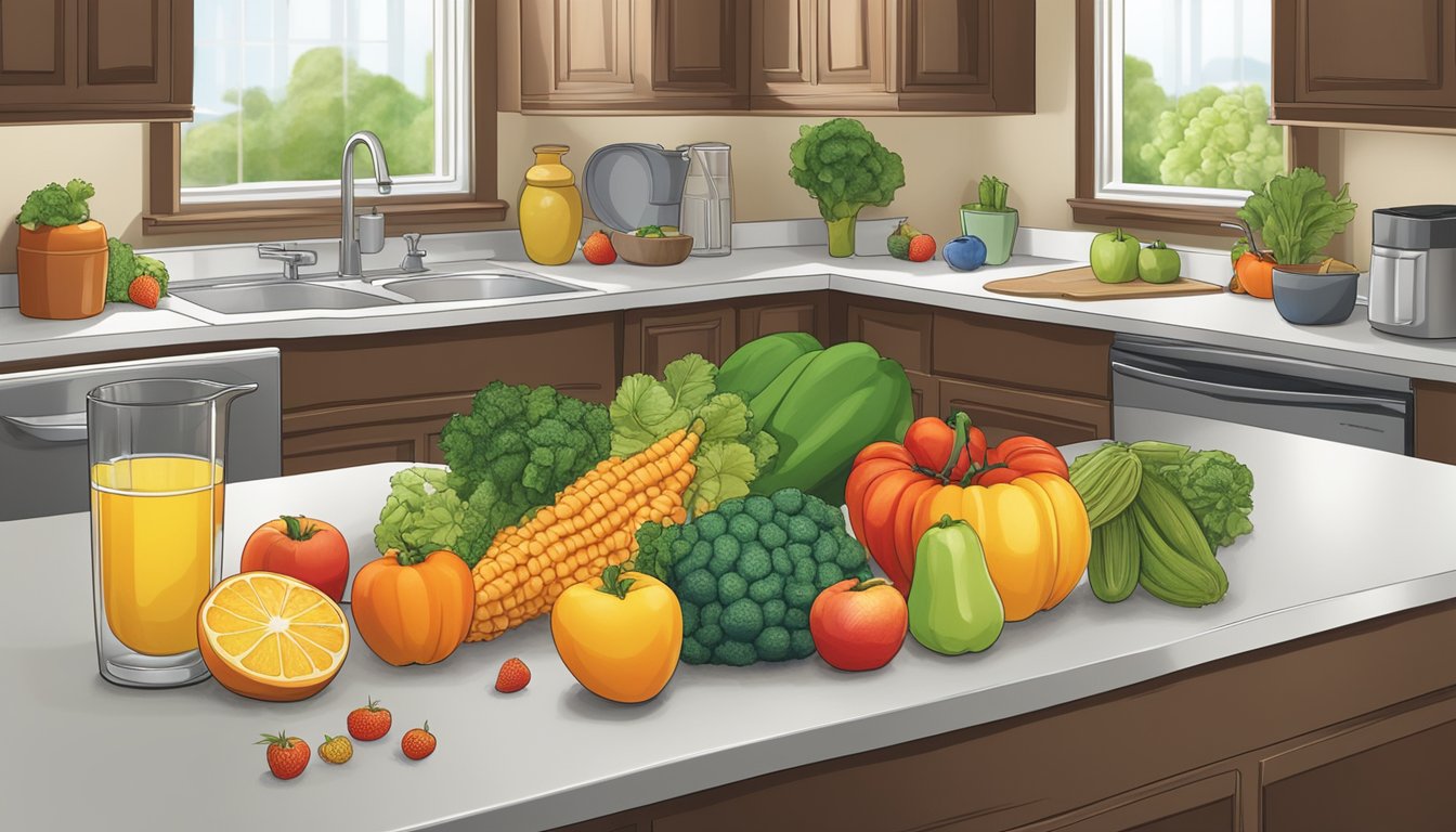 A colorful array of fruits and vegetables arranged on a kitchen counter, accompanied by a glass of water and a bowl of whole grain cereal