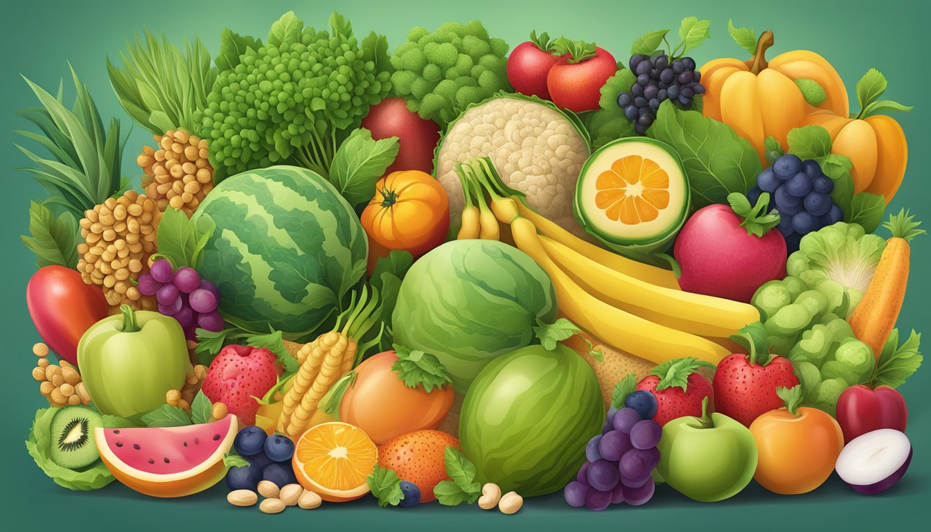 A colorful variety of fruits, vegetables, and whole grains surrounded by vibrant, flourishing gut bacteria