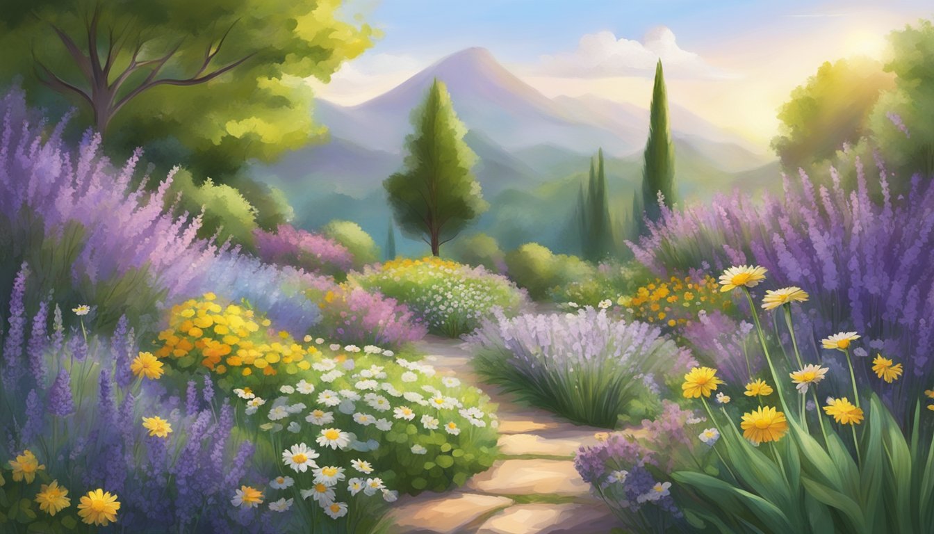 A serene garden with lavender, chamomile, and other herbs growing in lush, vibrant colors, surrounded by a peaceful, calming atmosphere