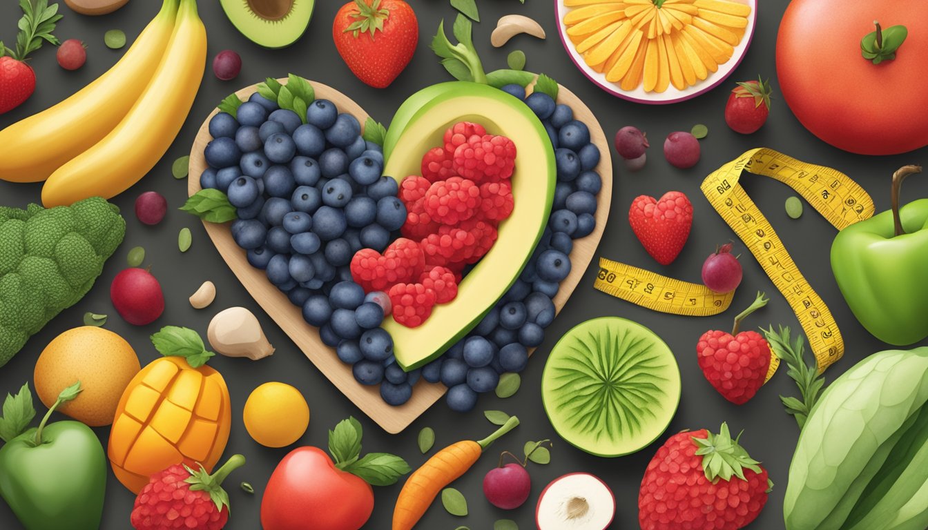 A colorful array of fruits, vegetables, and whole grains arranged on a table, with a heart symbol and a measuring tape nearby