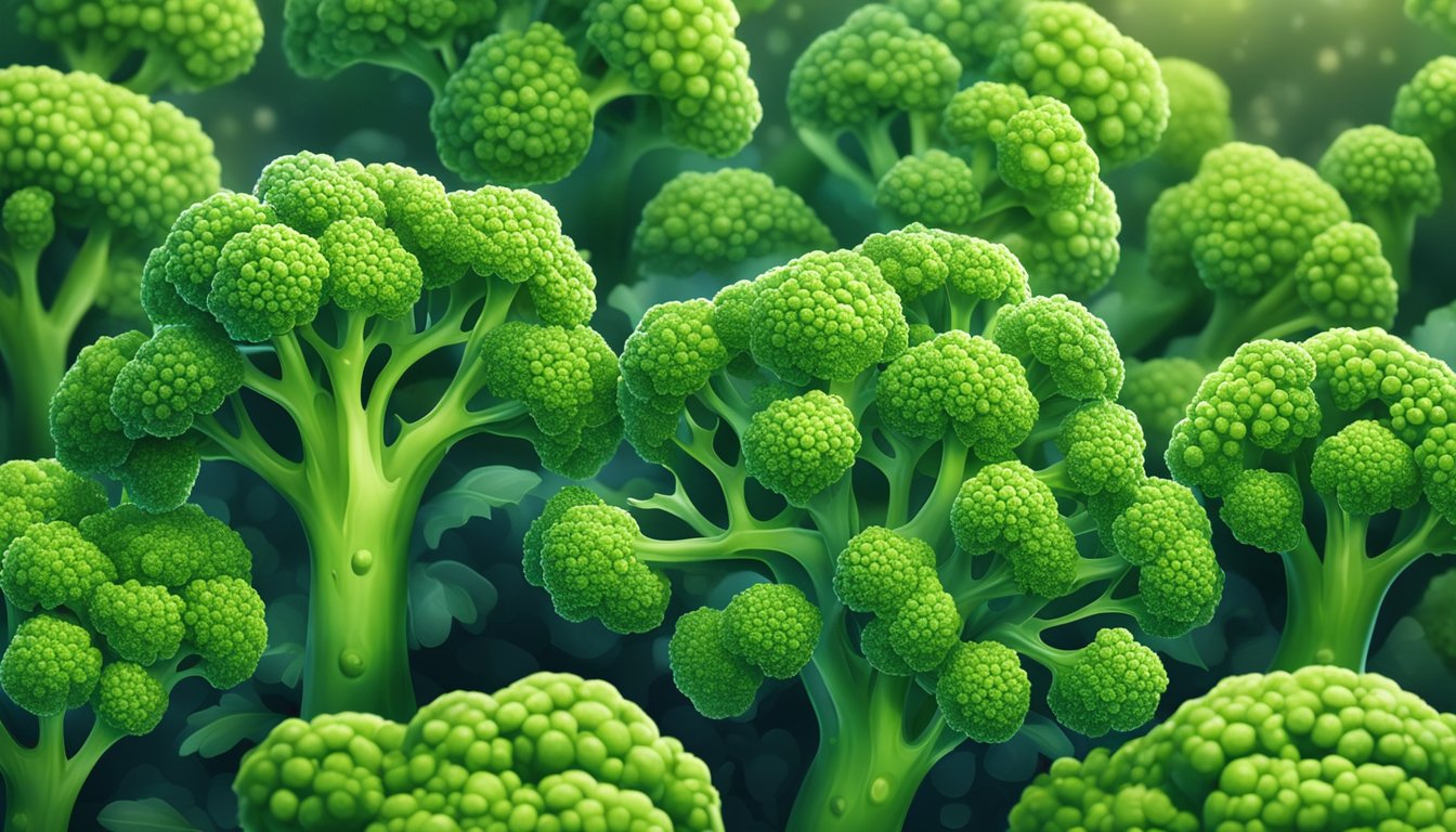 Fresh broccoli florets surrounded by glowing cells in a vibrant, organic setting