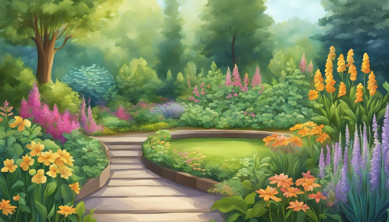 A tranquil garden with six different herbs growing in vibrant colors, surrounded by peaceful nature, evoking a sense of relaxation and stress relief