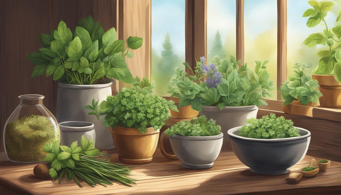 A serene scene of a variety of herbs arranged on a wooden table, with soft natural lighting filtering through a nearby window