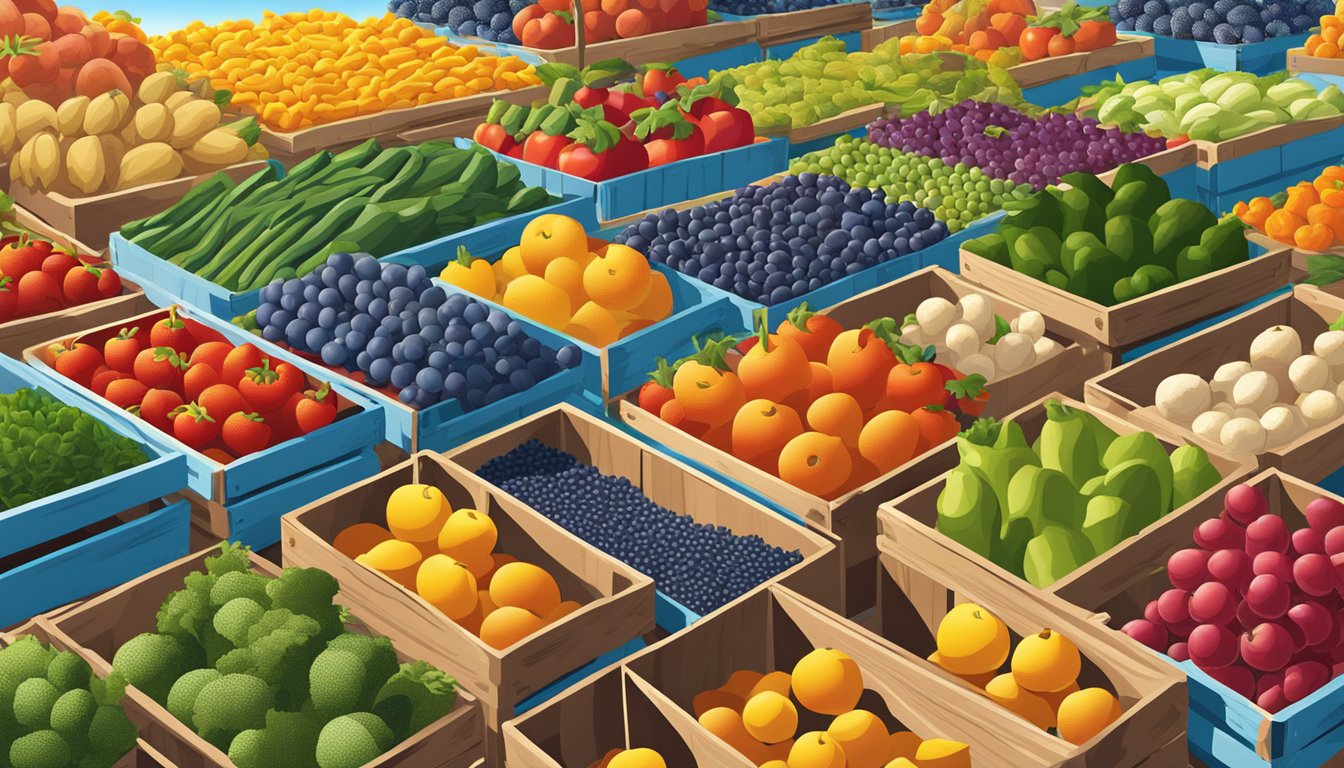 A farmer's market with colorful, freshly harvested fruits and vegetables displayed on wooden crates under a bright blue sky