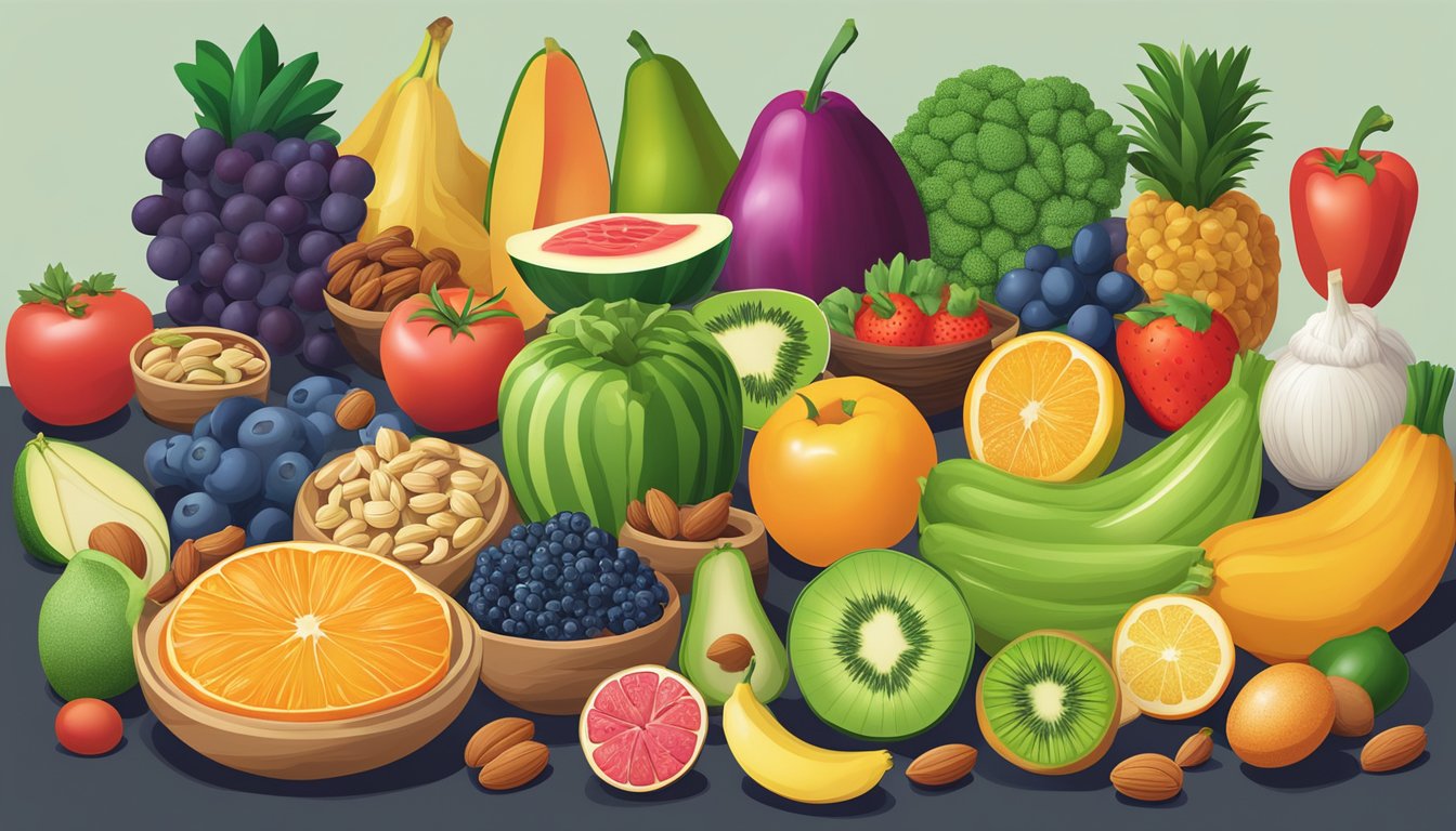 A colorful array of fruits, vegetables, nuts, and lean proteins arranged on a table, with a prominent absence of grains