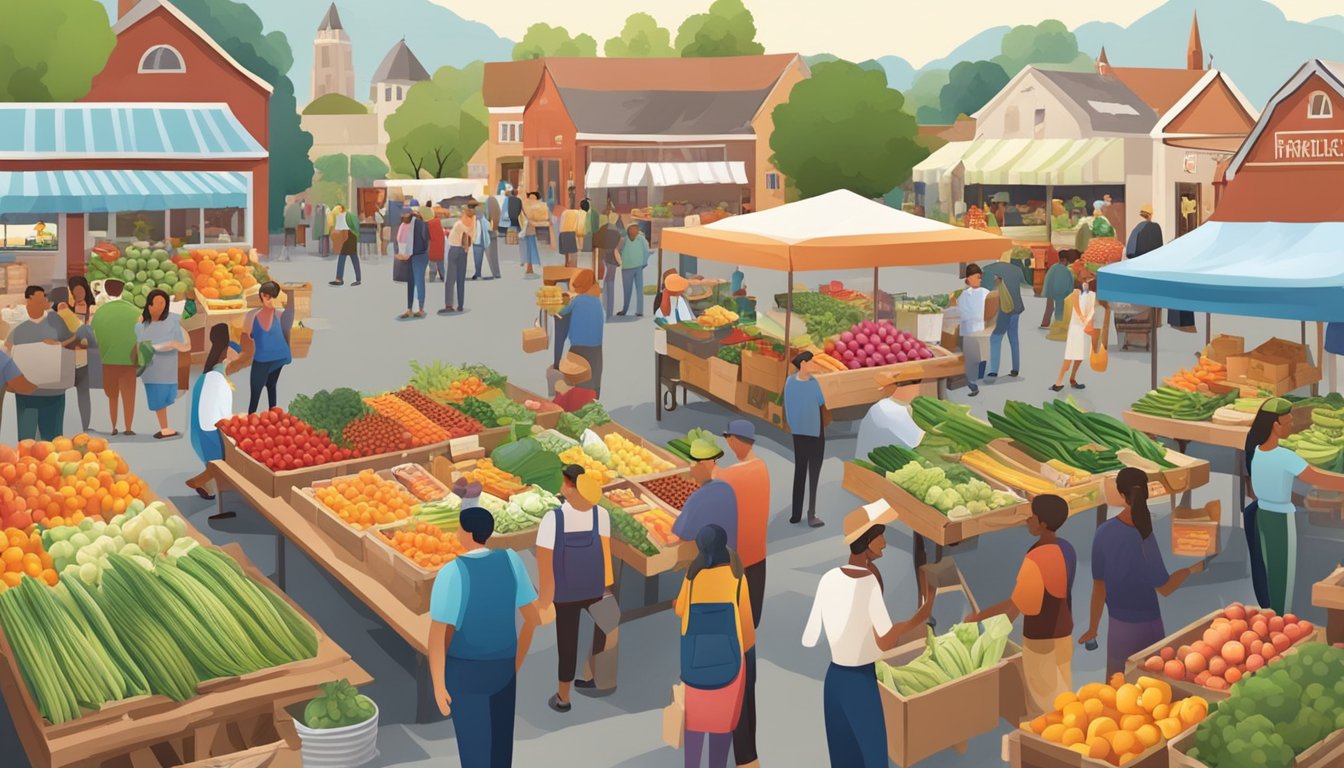 A bustling farmers' market with colorful produce, local vendors, and customers enjoying fresh, seasonal foods