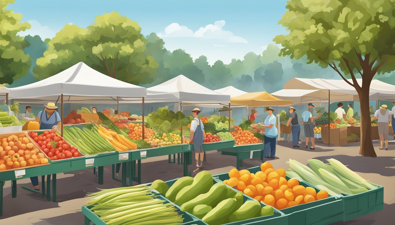 A farmer's market with fresh produce, surrounded by trees and fields, with a clear blue sky overhead