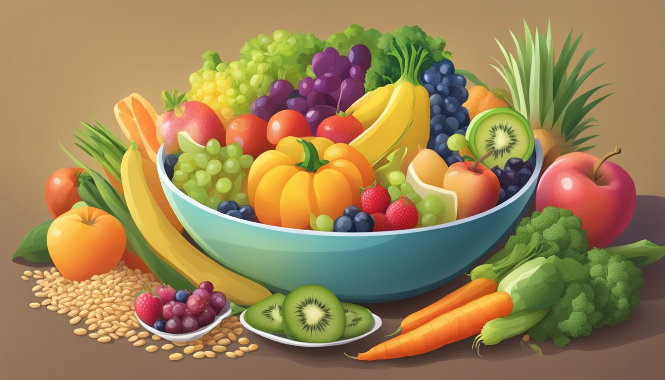 A bowl of colorful fruits and vegetables arranged next to a plate of whole grains, with a radiant glow emanating from the grain-free side